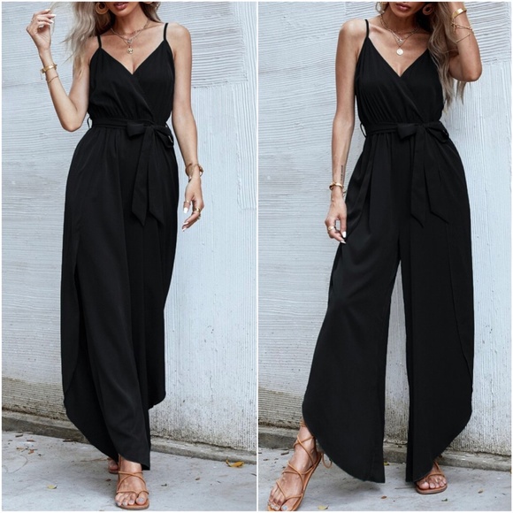 Boho Green Surplice Slit Thigh Cami Jumpsuit - Picture 3 of 7